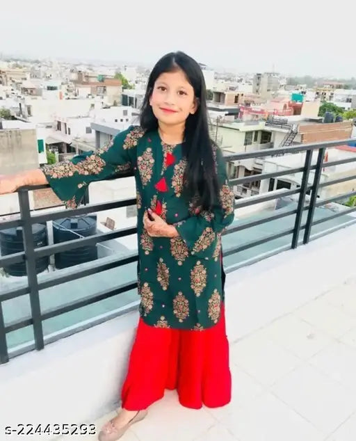 Printed rayon girls kurta and sharara with three-quarter sleeves, India origin, for ages 4-12 years