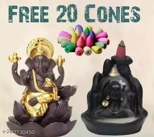 Poly resin adorned Kamal Ganesha & Adiyogi Mahadev smoke fountain with 20 cones, Indian spiritual decoration on display