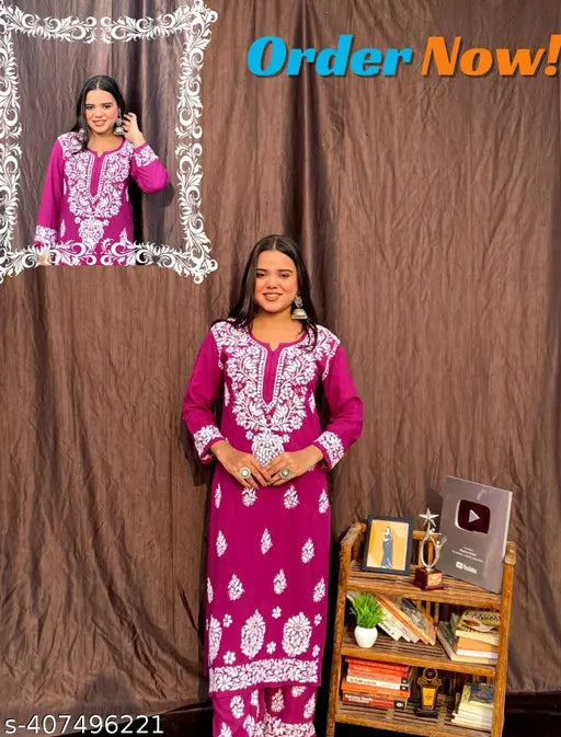 Rayon embroidery kurta with printed net palazzo pants, three-quarter sleeves set for women