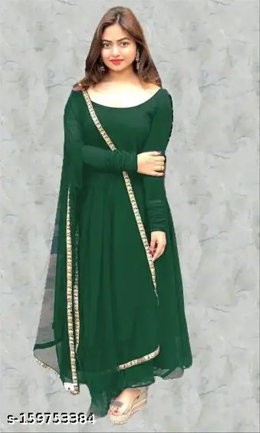Gorgeous green georgette gown with dupatta set, solid net pattern on display, India origin. (123 characters)