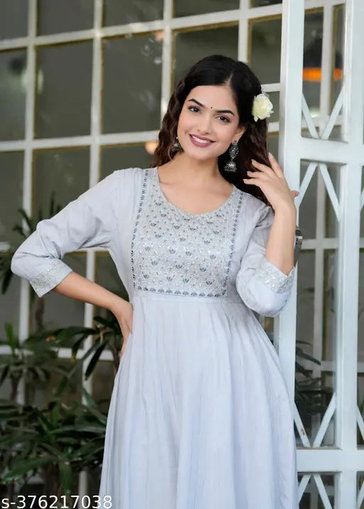 Gray rayon maxi dress with zari woven detailing, three-quarter sleeves and round neck, ideal for festive occasions, made in India (XL size)