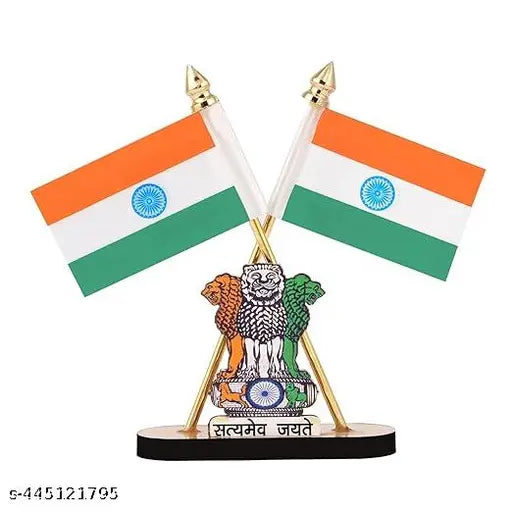 Indian flag stand, 3in. x 2in., double-sided cross design. Durable plastic plated art for car dashboards or offices