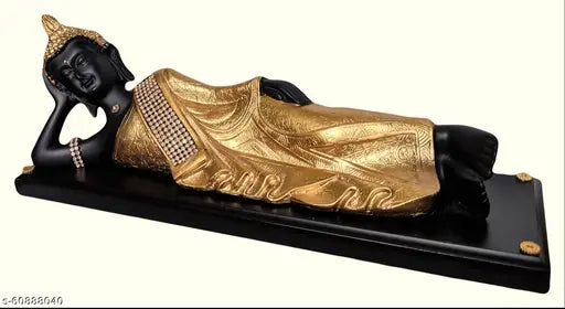 Resin Sleeping Buddha statue with gold-colored dress, 35cm x 13cm x 10cm, adorns living space and repels negative energy