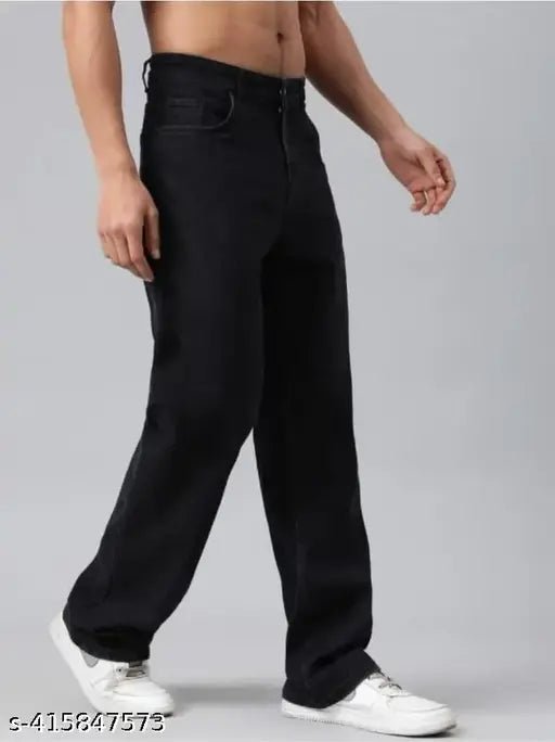 Loose-fit denim baggy black jeans, size 28/30/32/36, solid pattern, made in India