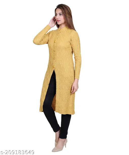 Warm, printed acrylic-wool long cardigan with side pockets in women's sizes M-XXL, Indian origin