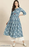 Printed rayon Anarkali kurti, three-quarter sleeves, vibrant Indian fashion on mannequin