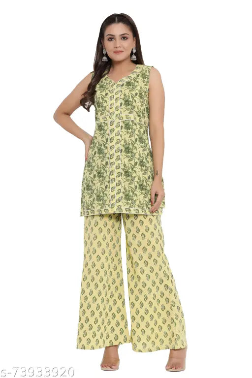 Yellow and green floral print kameez set with straight cut kurta and matching palazzo pants
