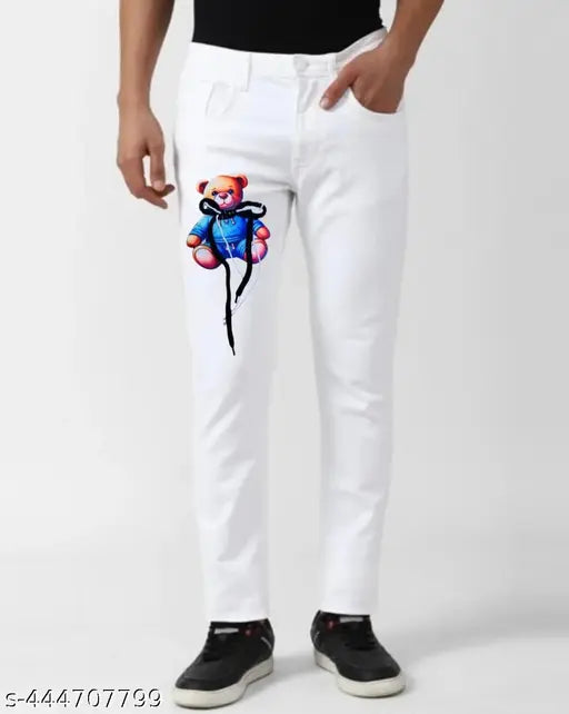 White men's slim fit jeans featuring a stitched 3D teddy bear on right leg