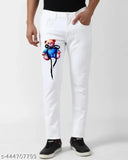 White men's slim fit jeans featuring a stitched 3D teddy bear on right leg
