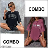 Black cotton oversized trendy tshirt, combo pack of 2 featuring a printed graphic and text that says 'COMBO' and 'YOU ARE', ideal for a casual outfit