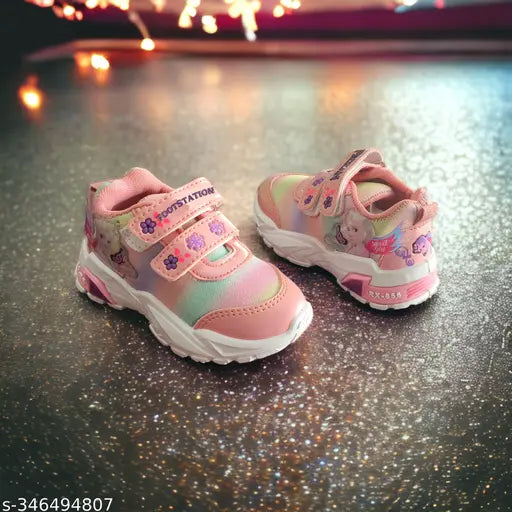 Rainbow pink PVC mesh sneakers with wings sticker, vibrant & playful for girls aged 2-3 years, secure Velcro closure
