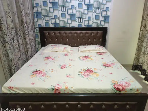 Cream glace cotton floral printed superfine double king bedsheet set with 2 pillow covers, ideal for summer gifting occasions