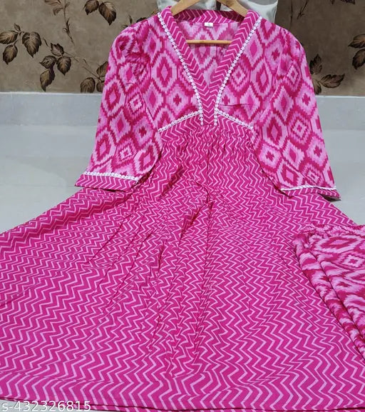 Pink cotton kurti with pants by G Enterprises - fashionable printed design, three-quarter sleeves, single size available, India origin