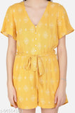 Yellow rayon crepe floral printed playsuit, v-neckline, short sleeves, two pockets, functional front button, zipper back closure, and adjustable belt - Indian fashion trend