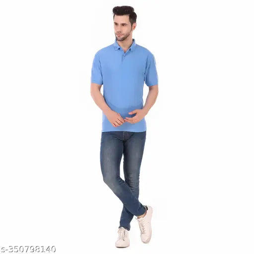 Light blue cotton blend solid collar t-shirt for men, short sleeves, made in India