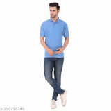 Light blue cotton blend solid collar t-shirt for men, short sleeves, made in India