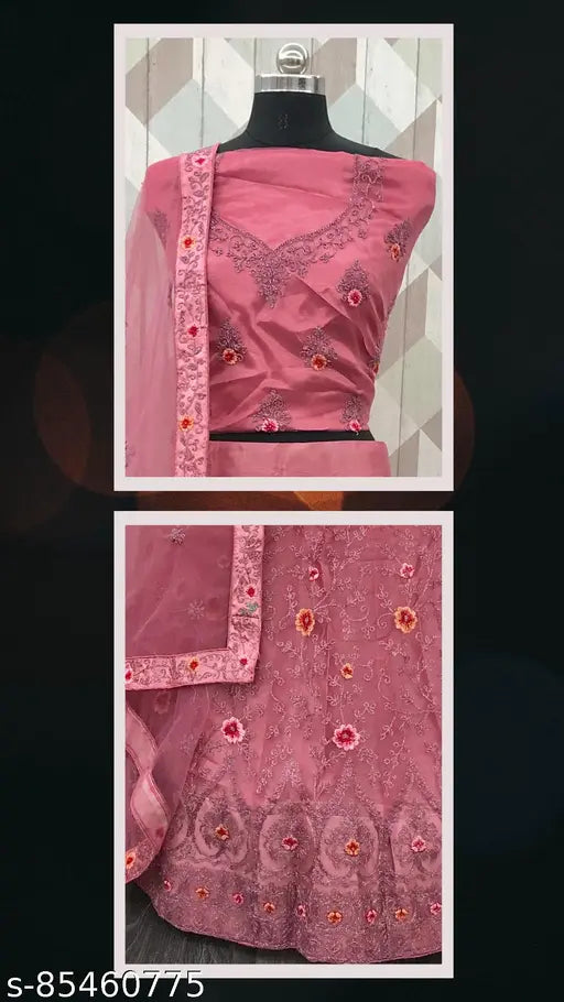 Pink net semi-stitched Lehenga Choli with detailed embroidery - Indian festive wear for parties and special events