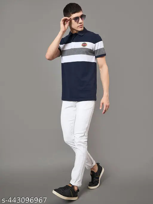 Bronation men's striped cotton polo t-shirt (M, chest 40in, length 28in), half sleeve with embroidery