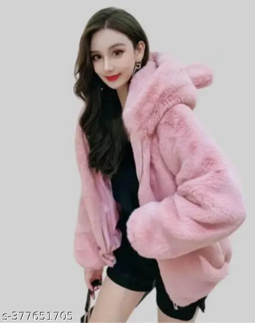 Winter pink cat hoodie for women and girls, unique wool design with long sleeves, stylish and cozy apparel for the cold season