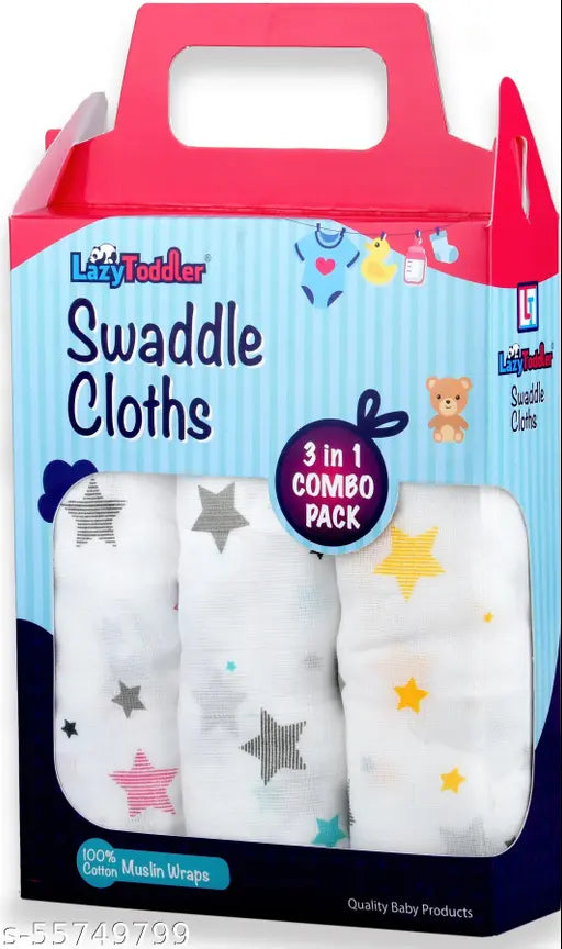 Organic muslin swaddle set of 3 (Multi Star), ultra soft cotton for multipurpose use in mild winter - stroller sun cover, nursing cover, burp cloth, baby blanket. Made in India