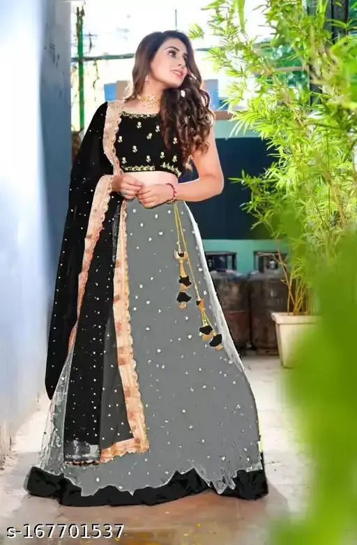 Embroidered cotton-blend lehenga Choli Dupatta set with net bottom and lace dupatta, free size
