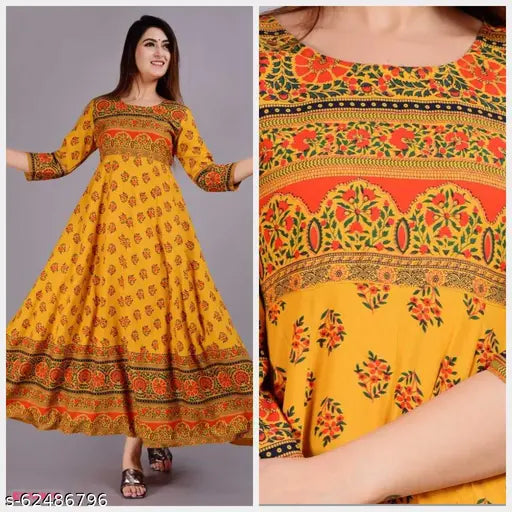 Woman's rayon print long round neck kurta, 34 sleeve