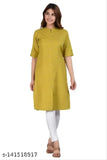 Green cotton kurta with long sleeves, round neck