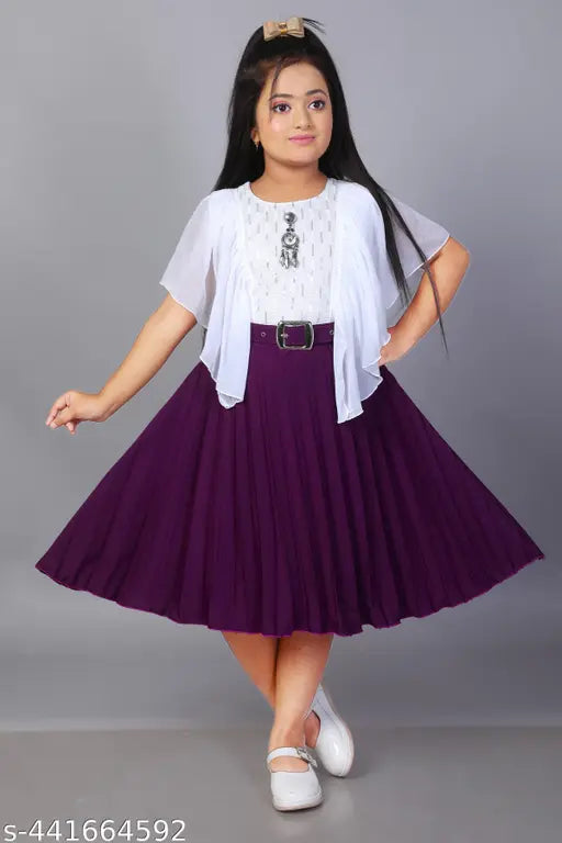 Purple chiffon pleated frock with belt and ruffled hem for kids' party wear