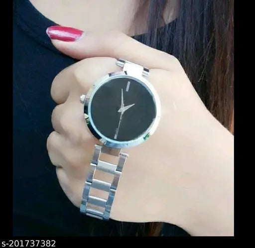Stylish metal strap analog watch, silver tone, unique design for girls and women