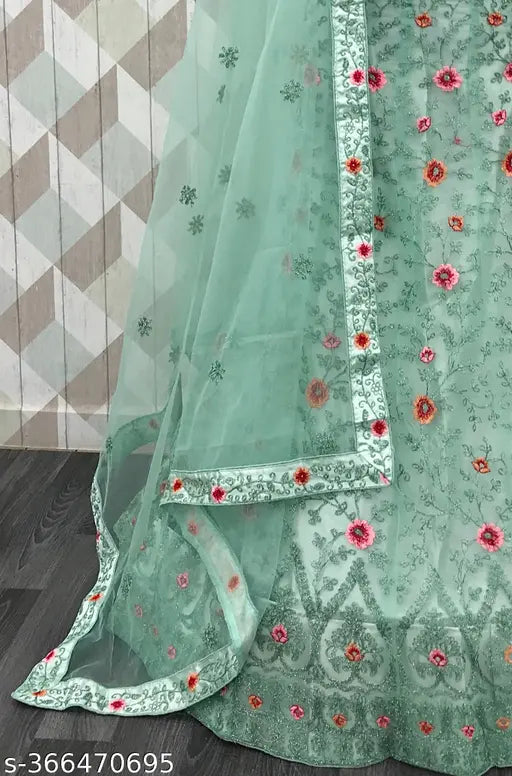 Sky Blue Embroidered Net Lehenga Choli with 2.5m Dupatta, semi-stitched blouse - elegant Indo-western partywear for special occasions