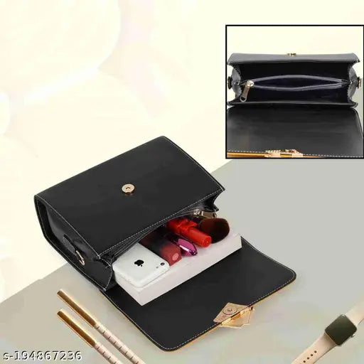 Black leather slingbag for girls with makeup compartment, 12 card slots and zip closure