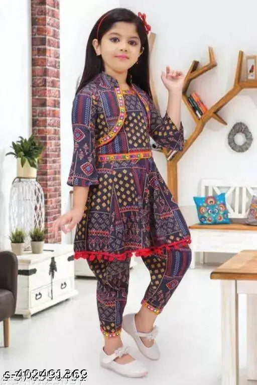 Rayon dhuti kurti set for girls, printed top and bottom with three-quarter sleeves, Indian ethnic wear on model