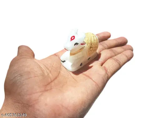 White marble hand-painted Shiva Nandi statue, 5cm x 4cm x 2cm handicraft showpiece, Lord Mahadev's vehicle from India