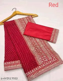 Red saree with pallu, embellished border, and matching blouse
