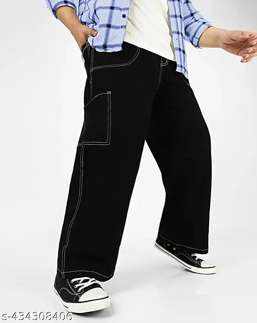 Stylish men's black denim baggy jeans, dyed/washed with 6 pockets. Close-up view of a single pair for sale