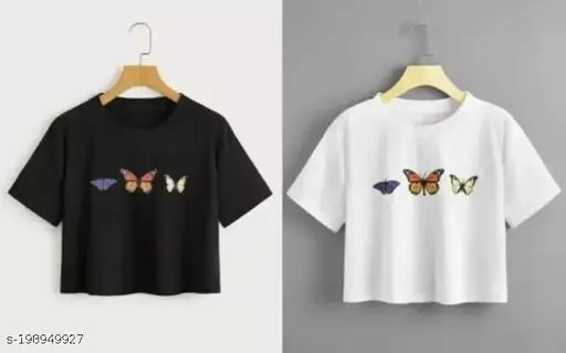 Stylish cotton blend printed crop top combo, trendy style with short sleeves in S, M, L, XL sizes for fashion-conscious women