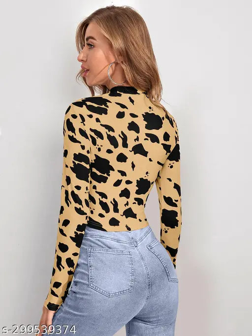 Cotton blend printed net long sleeves women's top by JEGVIN, size options: S (34in bust), M (36in bust), L (38in bust), XL (40in bust)