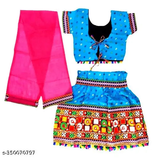 Red and Gold Kids' Rajasthani Embroidered Chaniya Choli with Dupatta, rayon & cotton fabric, short sleeves, traditional Indian Navaratri dress