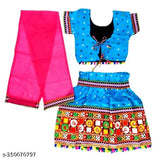 Red and Gold Kids' Rajasthani Embroidered Chaniya Choli with Dupatta, rayon & cotton fabric, short sleeves, traditional Indian Navaratri dress