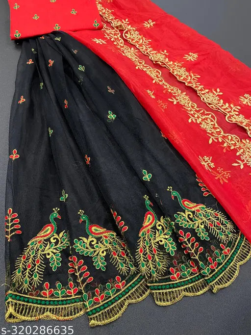 Peacock design embroidery work, heavy dupion silk lehenga, net bottomwear and duppatta set with multi-thread and semi stitch embellishments
