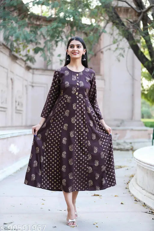 Brown Rayon Anarkali Kurti, three-quarter sleeves, contrast print design for women, hand-crafted with wooden beads and stone detailing