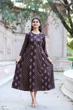 Brown Rayon Anarkali Kurti, three-quarter sleeves, contrast print design for women, hand-crafted with wooden beads and stone detailing