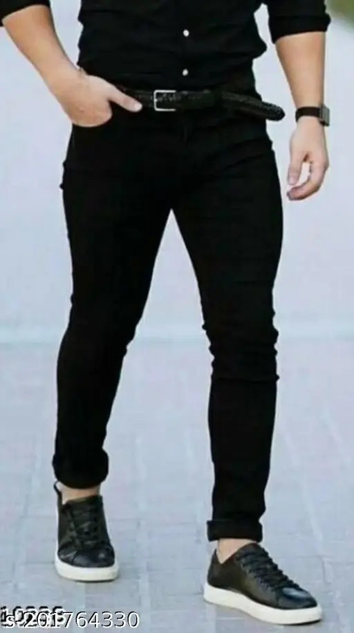 Black cotton lycra men's Clubrocks skinny fit jeans, denim solid style on hanger, size 30 (waist 30in, length 41in, hip 36in)