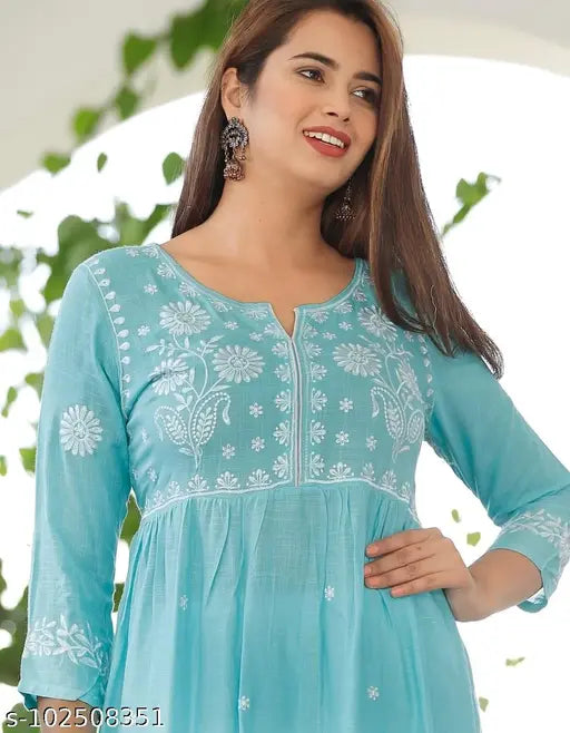Aqua Blue Chikankari embroidered rayon kurti, three-quarter sleeves, S-6XL sizes