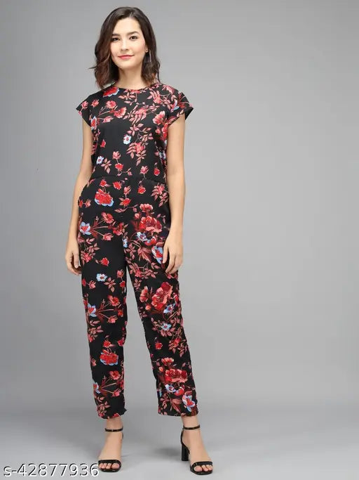 Black crepe jumpsuit with red flower print, women's trendy floral printed jumpsuit from India. Short sleeves, sizes S-XL available