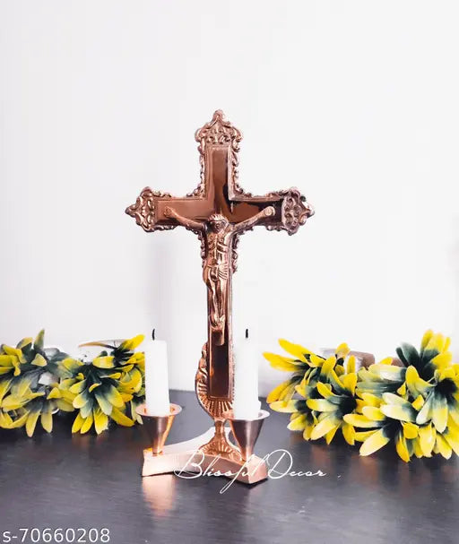 Brass Lord Jesus Christ on Cross Idol Crucifix with 2 candle stand, detailed Christian decoration for festive season