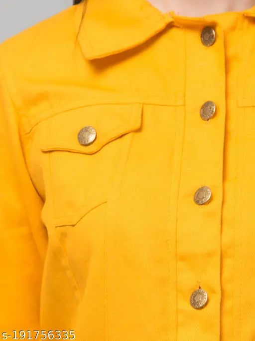 Yellow denim waistcoat for women, vibrant and stylish denim jacket on hanger