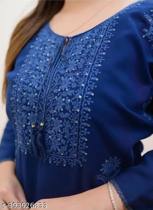 Rayon Chikankari three-quarter sleeve kurti pant set for women, printed combo, modern Indian fashion
