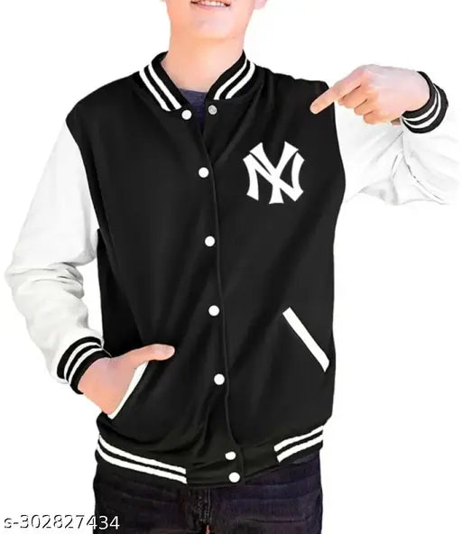 Black and white baseball jacket with zip front