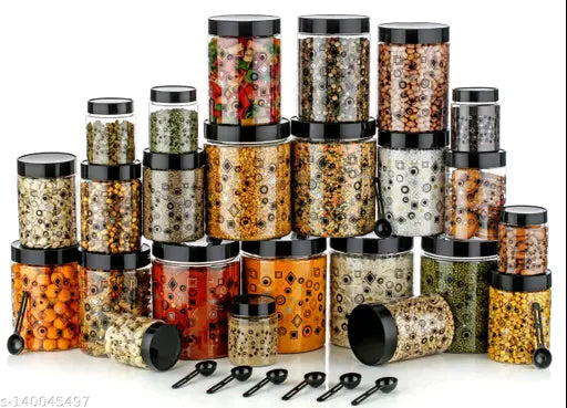 18pcs 100% Unbreakable kitchen storage / Box Air tight Food grade PET-Grocery Containers - 1200, 650 ml, 350 ml Plastic Grocery Container (Pack of 18, Black)